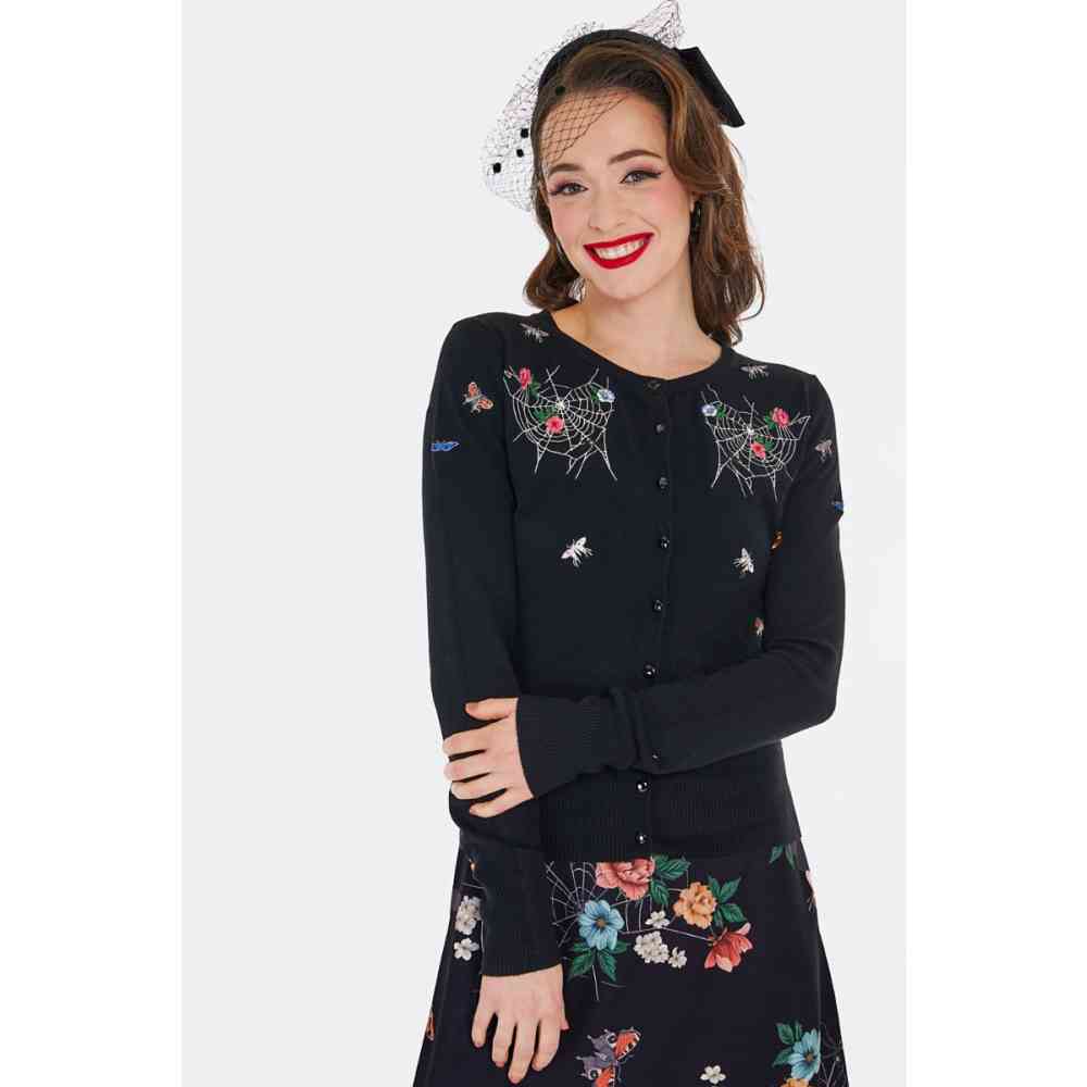 Voodoo Vixen - Floral Moth Embroidered Cardigan - Zwart